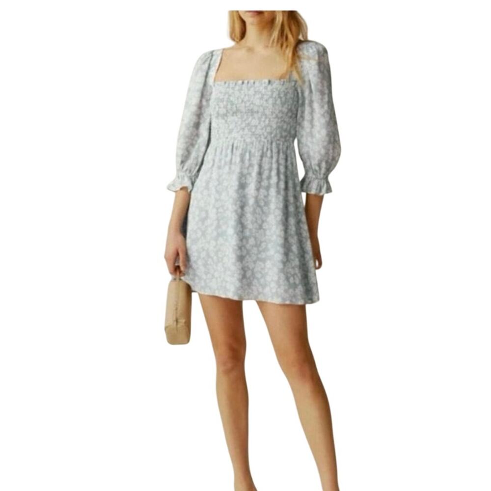 Reformation Blue Floral Smocked Mini Dress Puff Sleeve Tie Back Medium